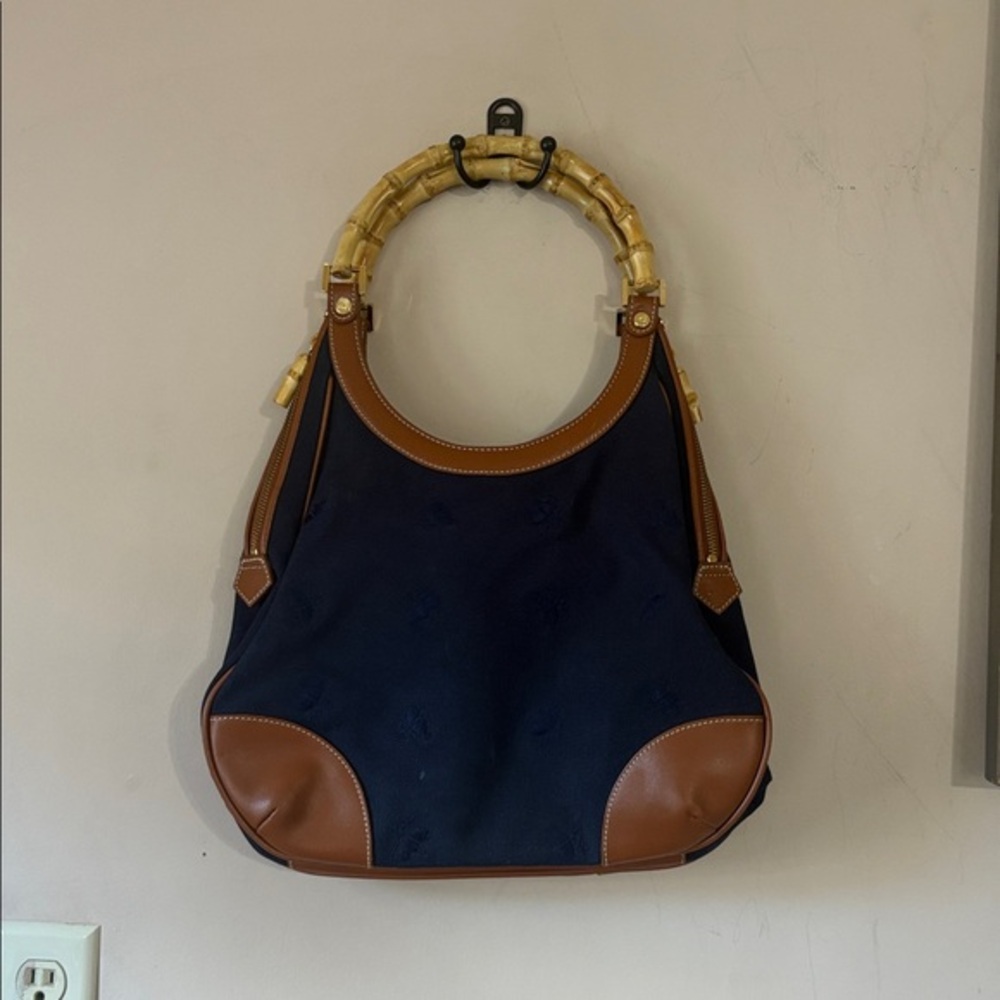 Brooks Brothers Bamboo Handle Navy Blue Canvas Brown Leather Trim Satchel